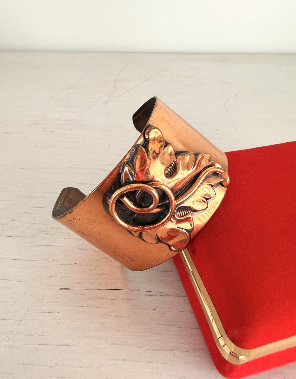 Vintage Copper Repoussé Modernist Leaf Wide Cuff Bracelet